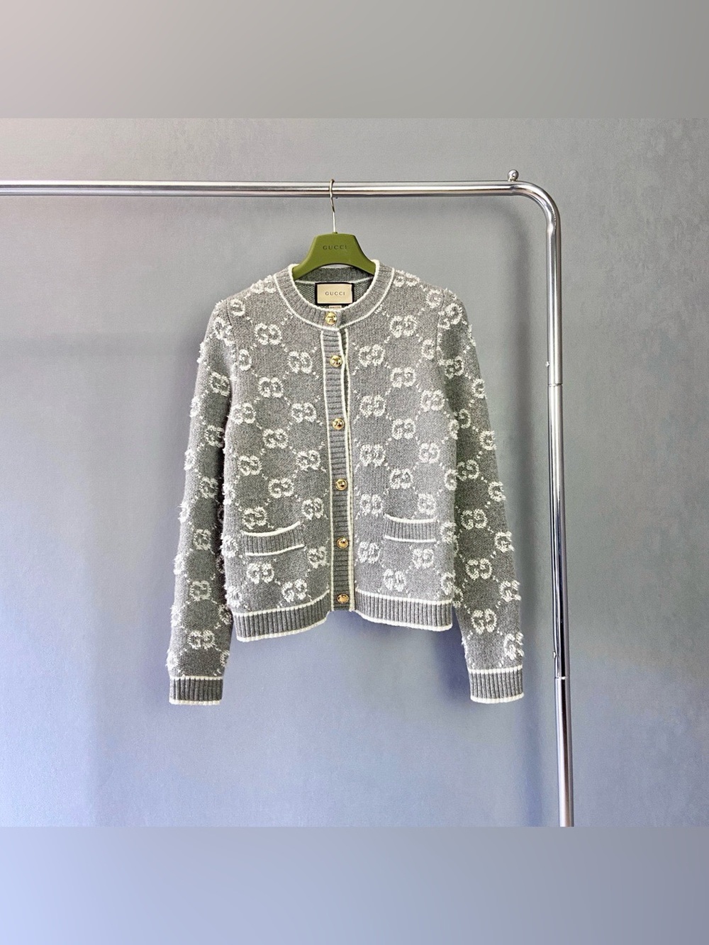 Gucci GG Monogram Knit Cardigan Grey White Wool Blend Sweater